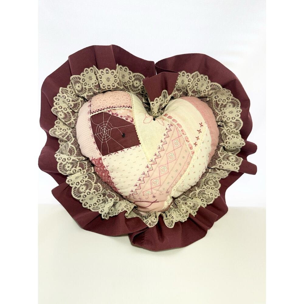 Heart-Shaped Lace with Ribbon Trim, Cottage, Victorian, Romantic, Throw Pillow